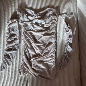 Ruched Off-Shoulder Mini Dress with Pearl Accents